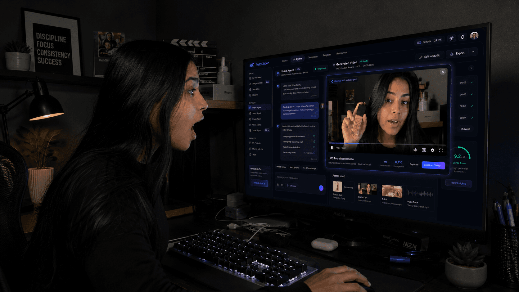 Woman watching Caliber Command Agent generate content