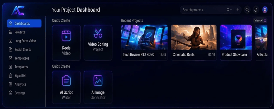 AutoCaliber project dashboard with quick-create tiles and recent projects